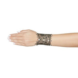 Japaanese black lace cuff bracelet with freshwater pearls on arm