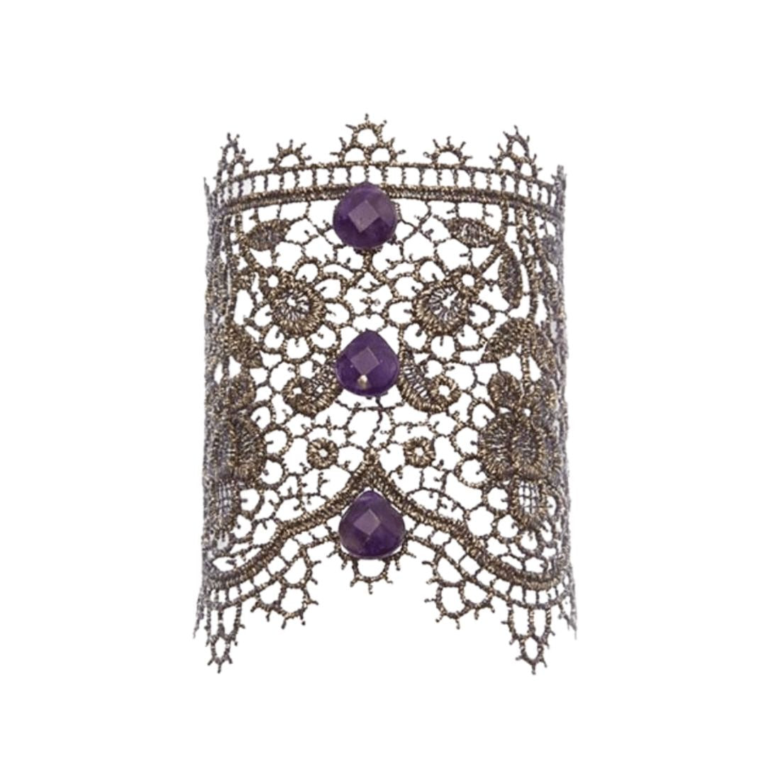 Bronze lace cuff bracelet with purple crystals