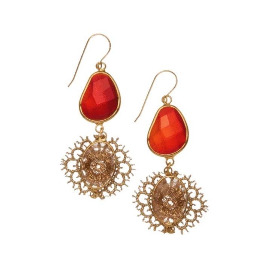 Sophie Trudeau Ruby Red Gold Lace 2 Tier Earrings Product Shot