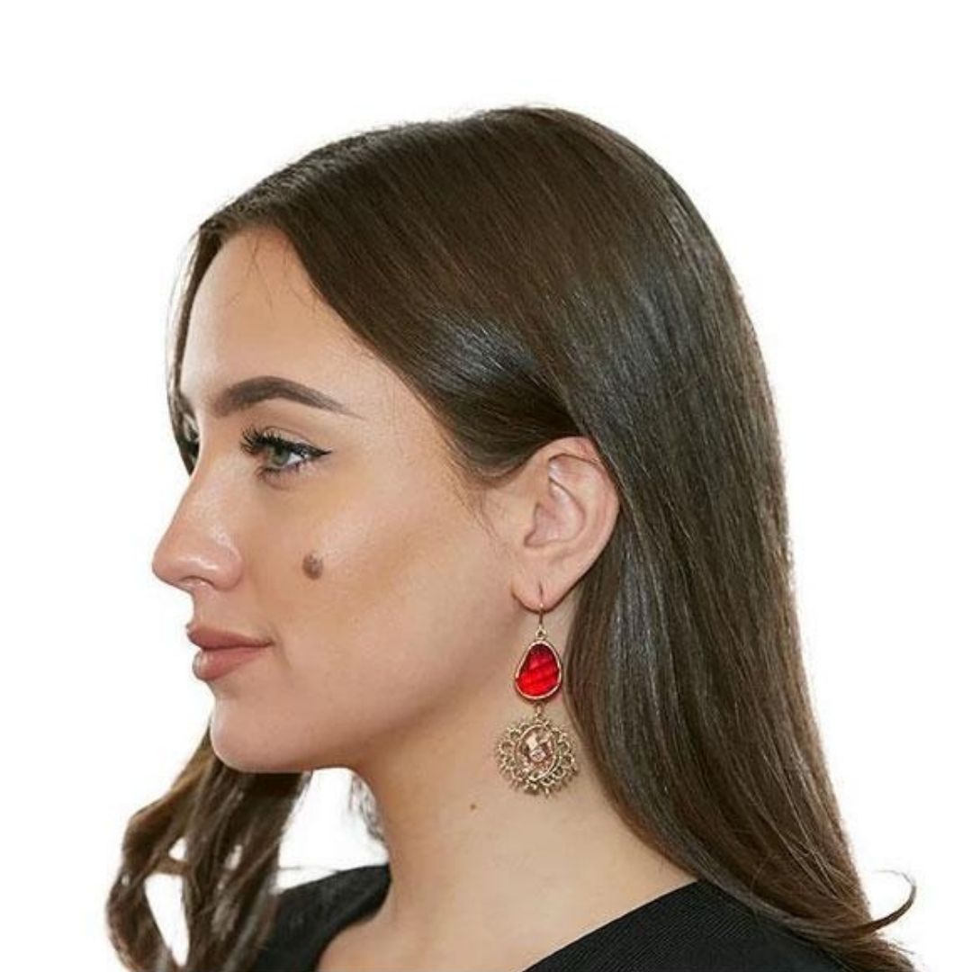 Sophie Trudeau Ruby Red Gold Lace 2-Tier Earrings on Model